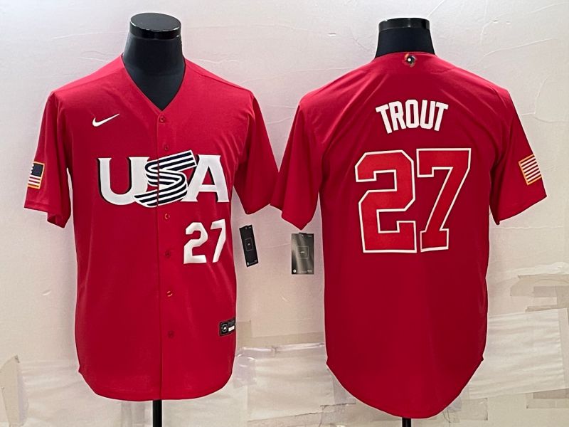 Men 2023 World Cub USA 27 Trout Red Nike MLB Jersey6